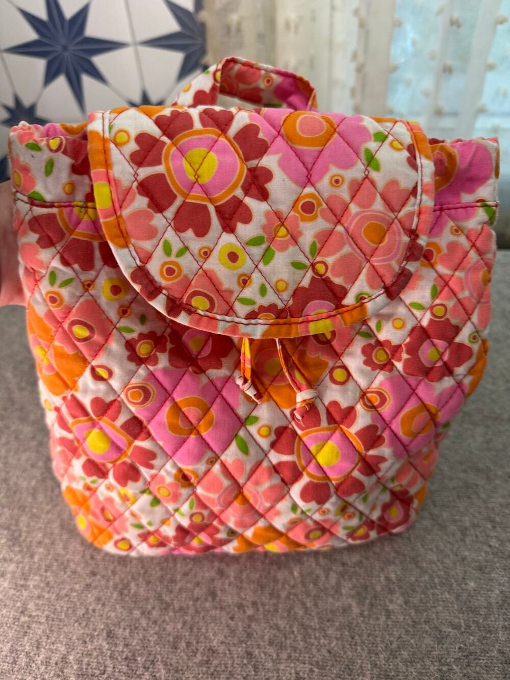Quilted Floral Mini Backpack Pink Orange Drawstring Cinch Small Bag 10x10x4